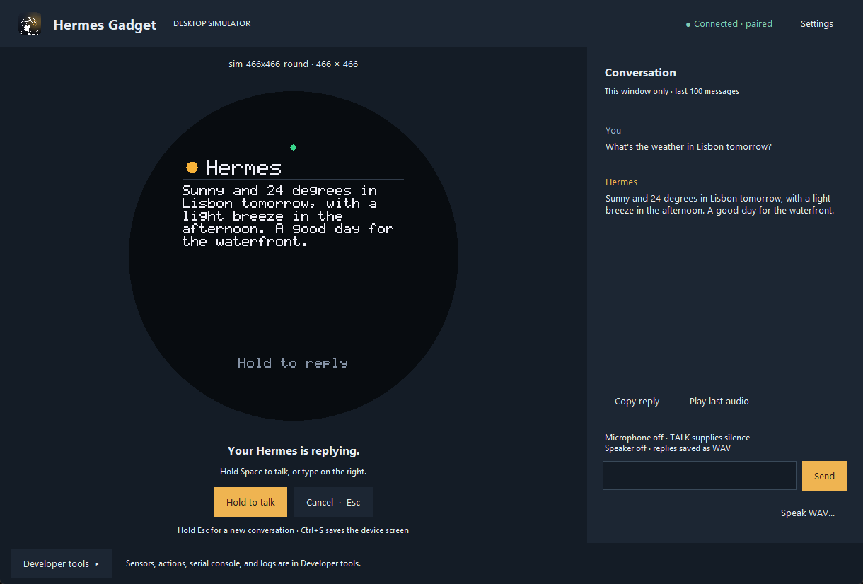 The desktop simulator with a live conversation