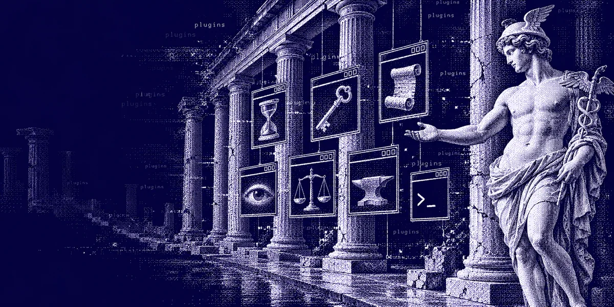 A dithered marble bust of Hermes surrounded by small retro windows, one for each plugin